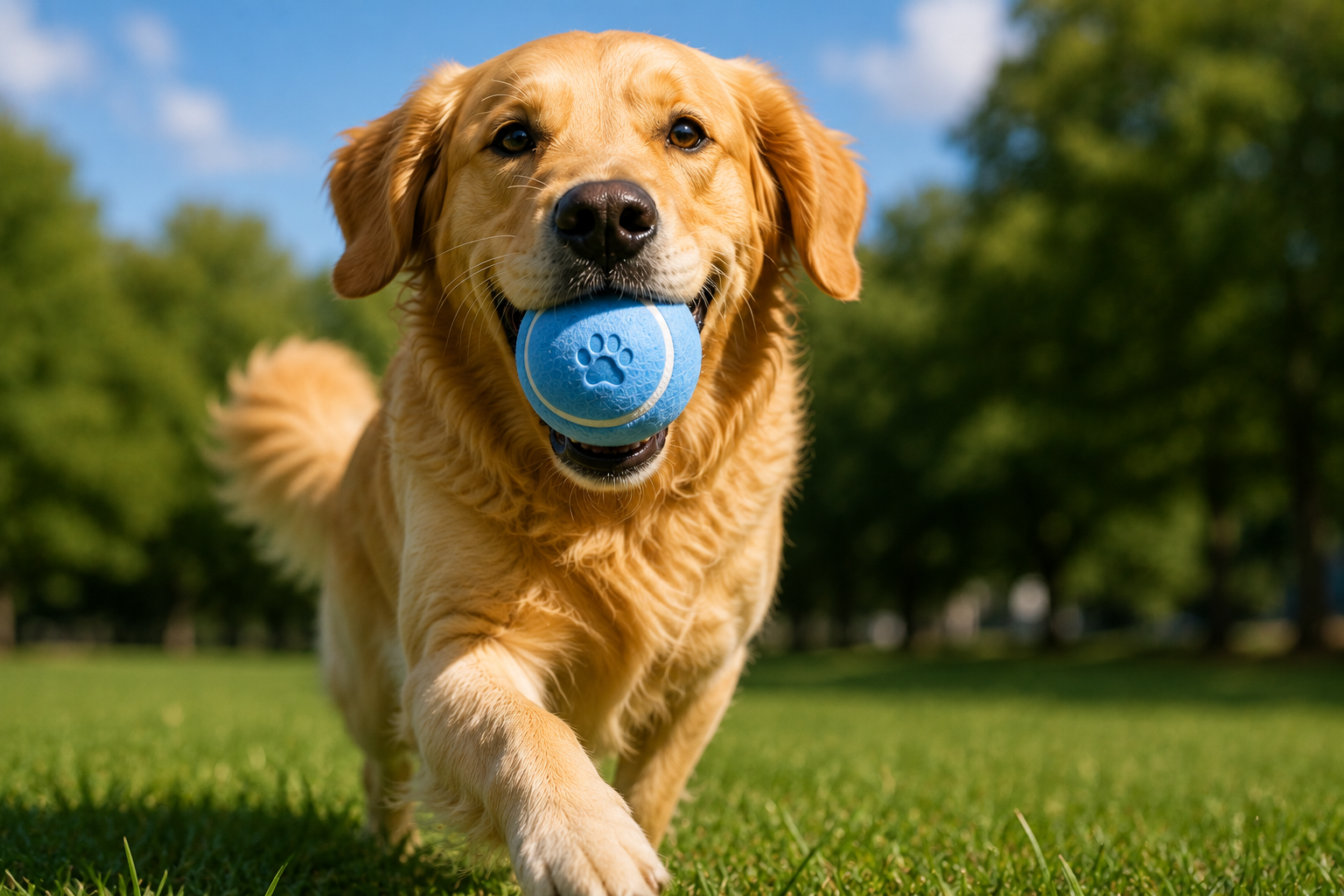 Happy golden retriever running with a Fresh Fetch ball